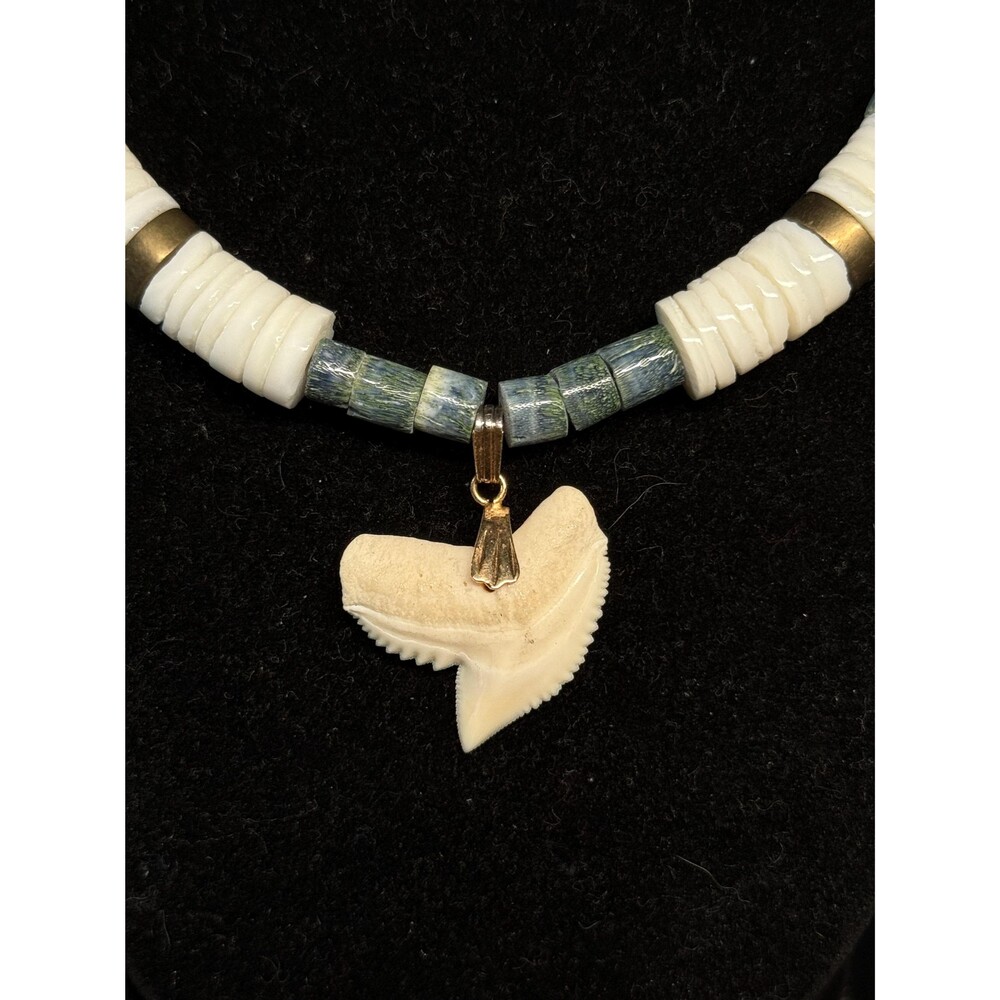 Vintage Blue Coral Shell Heishi Shark Tooth Necklace